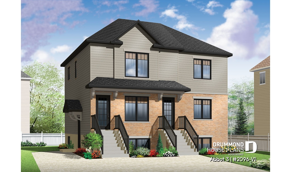 front - BASE MODEL - Economical 2 bedroom Modern style triplex house plan with great open floor plan layout  - Abbot 3