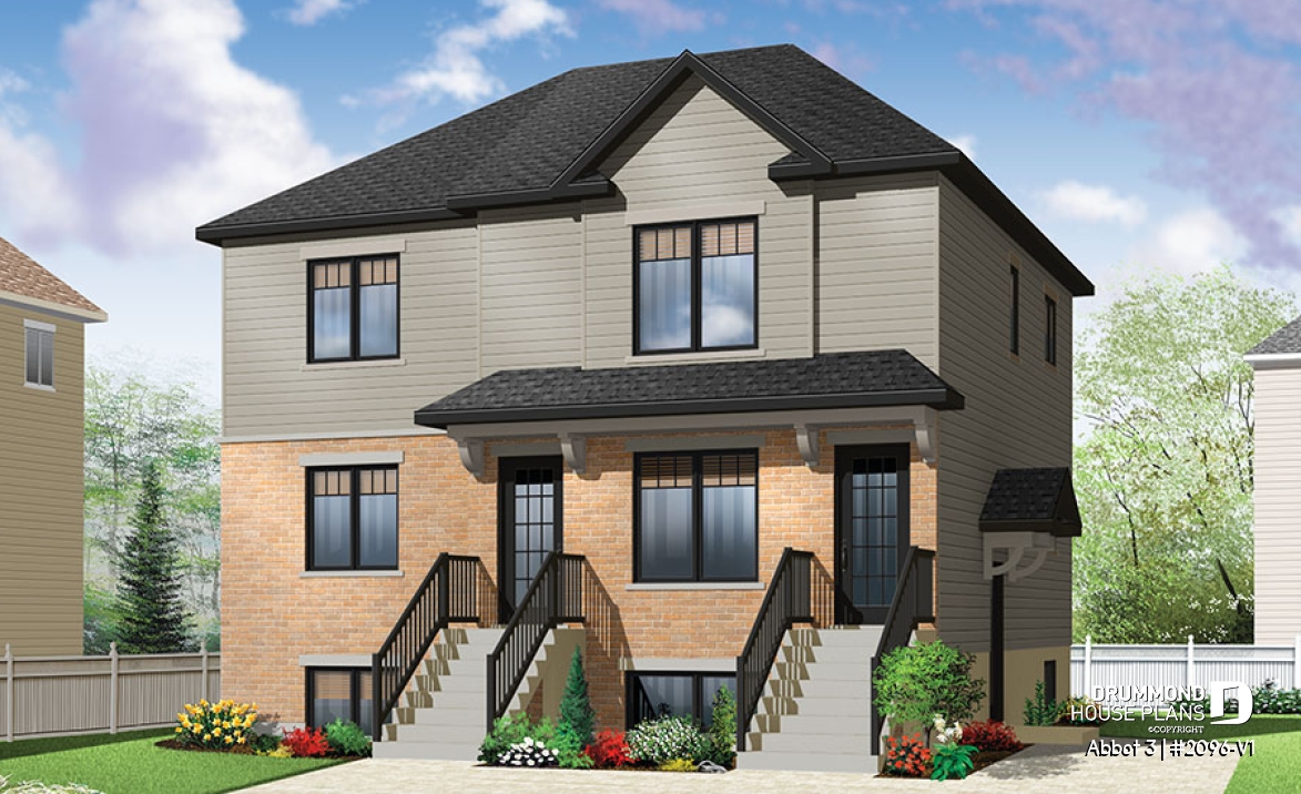front - BASE MODEL - Economical 2 bedroom Modern style triplex house plan with great open floor plan layout  - Abbot 3