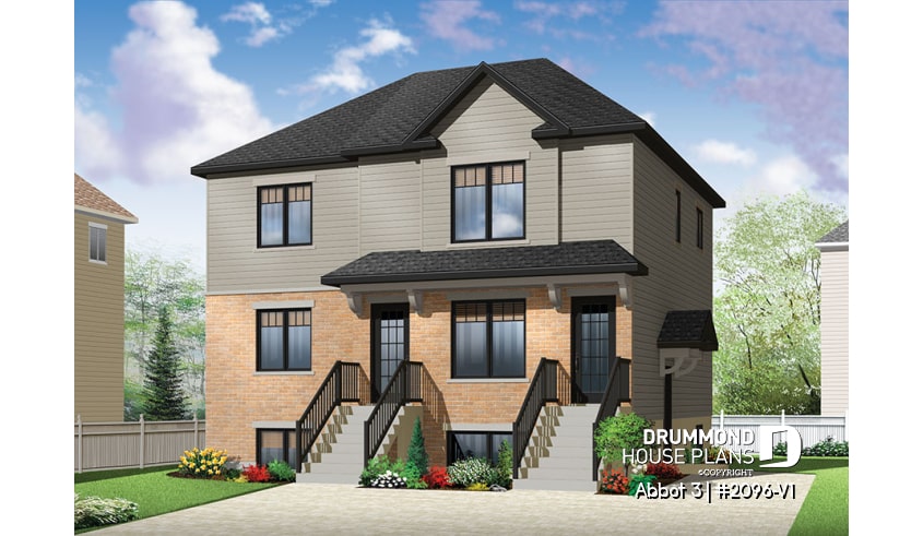 front - BASE MODEL - Economical 2 bedroom Modern style triplex house plan with great open floor plan layout  - Abbot 3