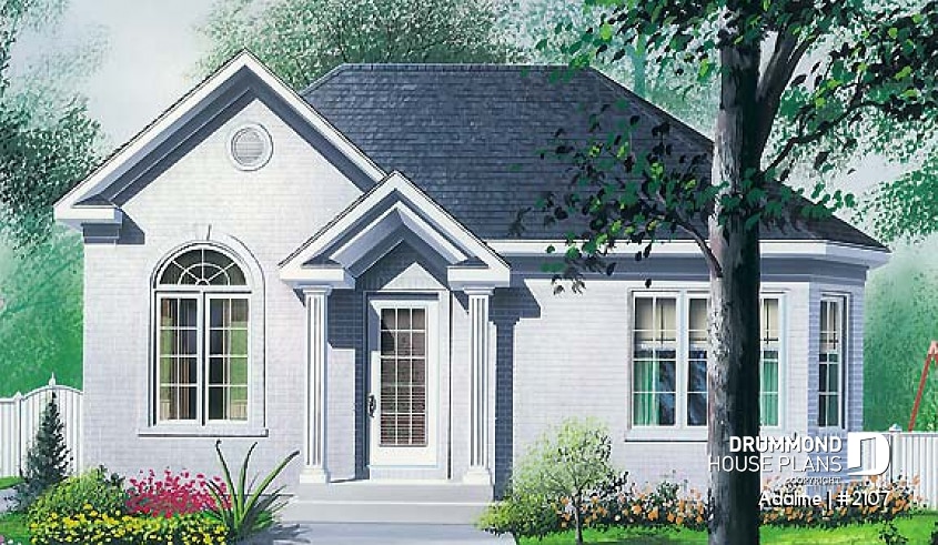 front - BASE MODEL - Low budget house plan with 2 bedrooms, cathedral ceiling and daylight basement - Adaline