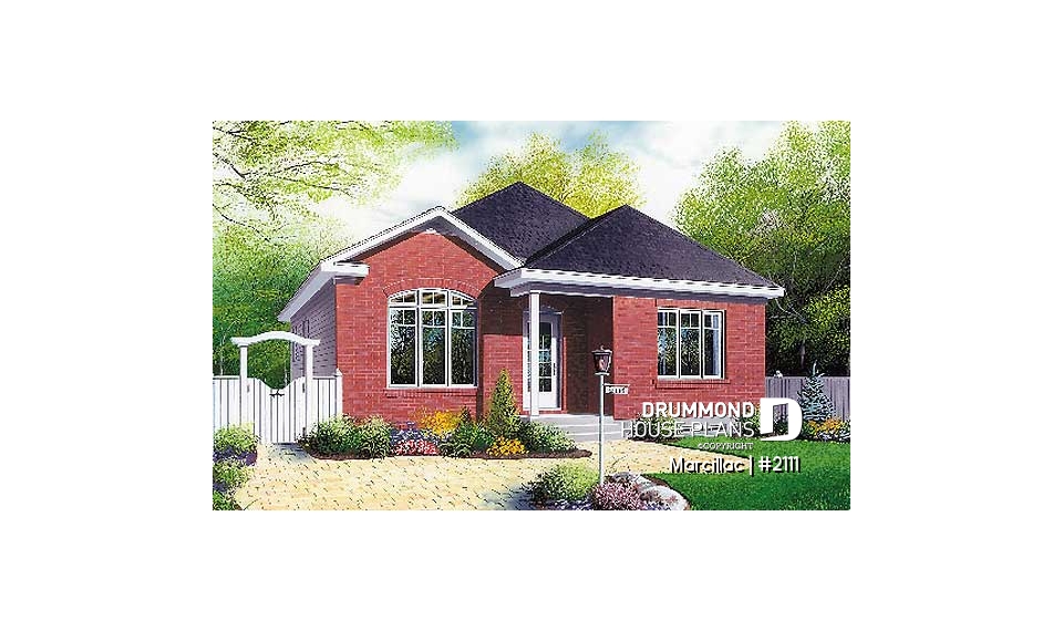 front - BASE MODEL - 3 bedroom european style house plan, budget friendly construction, sunken living room - Marcillac