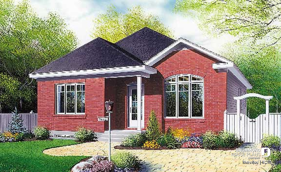 front - BASE MODEL - 3 bedroom european style house plan, budget friendly construction, sunken living room - Marcillac