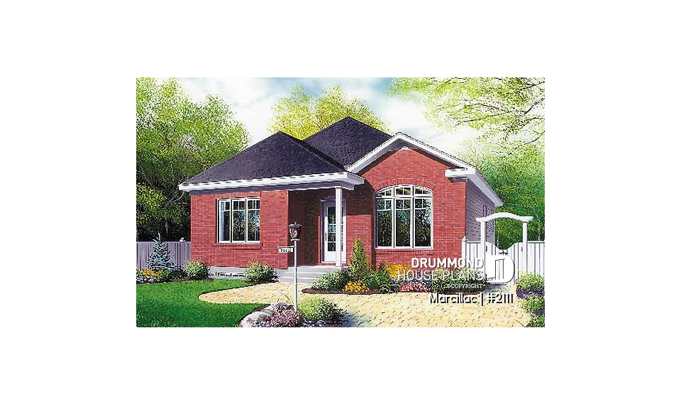 front - BASE MODEL - 3 bedroom european style house plan, budget friendly construction, sunken living room - Marcillac