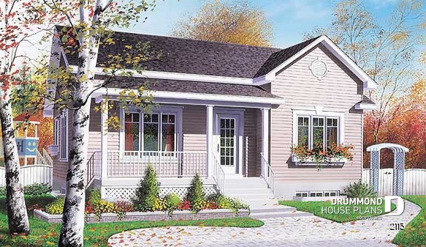 front - BASE MODEL - Small country ranch style house with 3 bedrooms, cathedral ceiling, budget friendly construction - Breton
