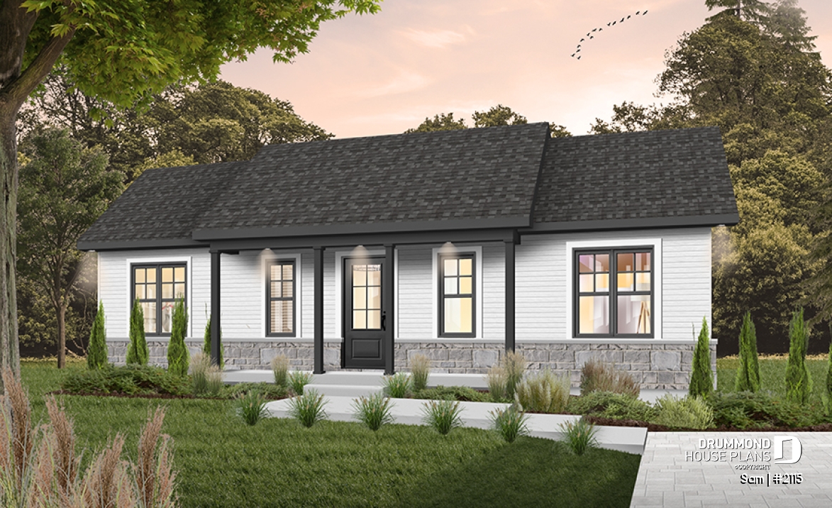 Color version 4 - Front - 3 bedroom ranch style home design with great open concept, covered front porch, budget-friendly - Sam
