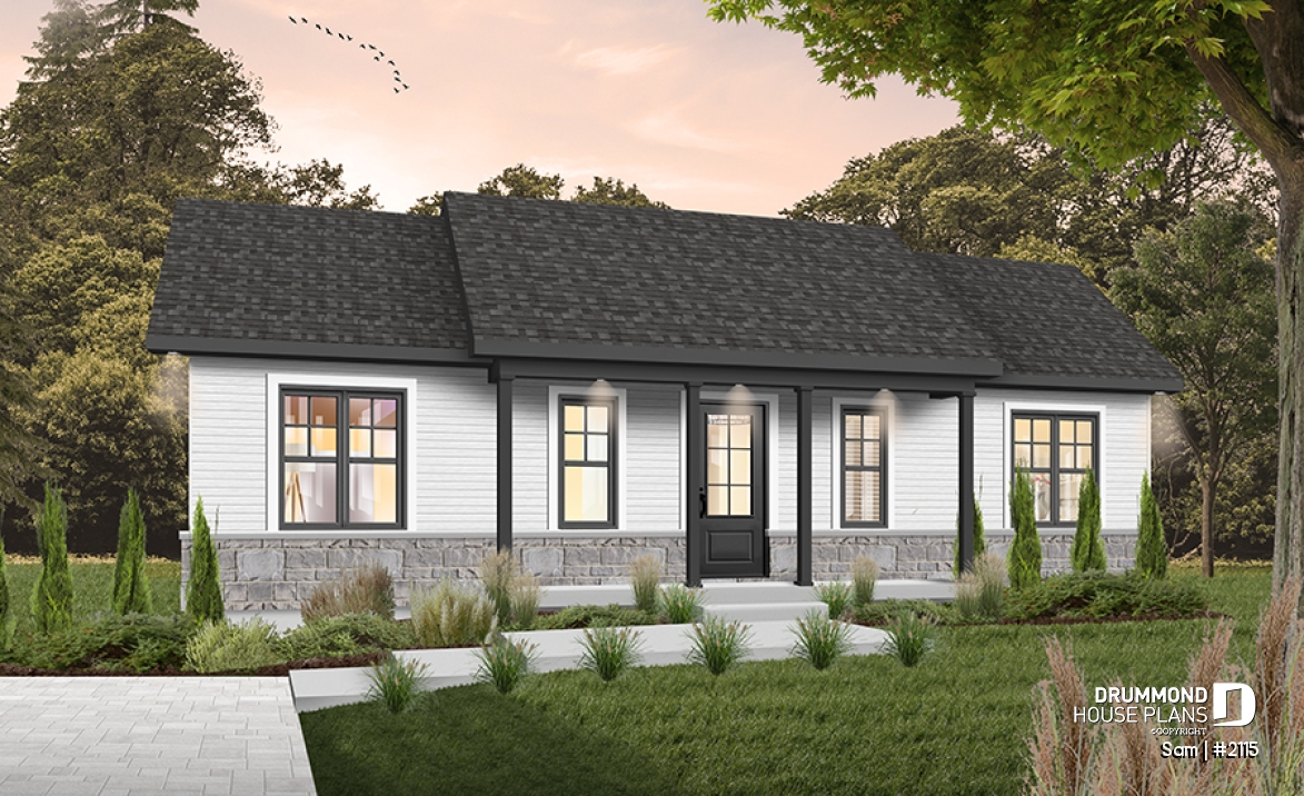 Color version 4 - Front - 3 bedroom ranch style home design with great open concept, covered front porch, budget-friendly - Sam