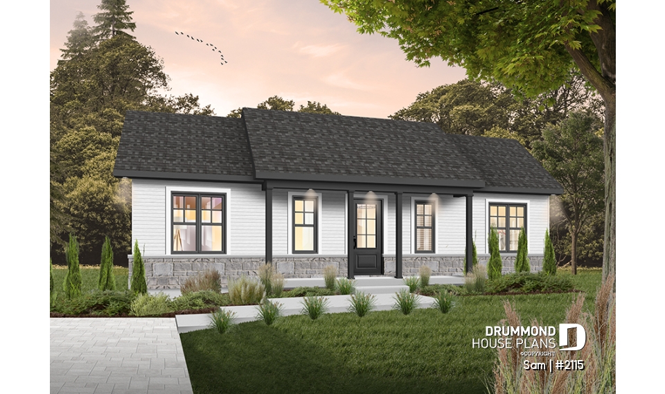 Color version 4 - Front - 3 bedroom ranch style home design with great open concept, covered front porch, budget-friendly - Sam