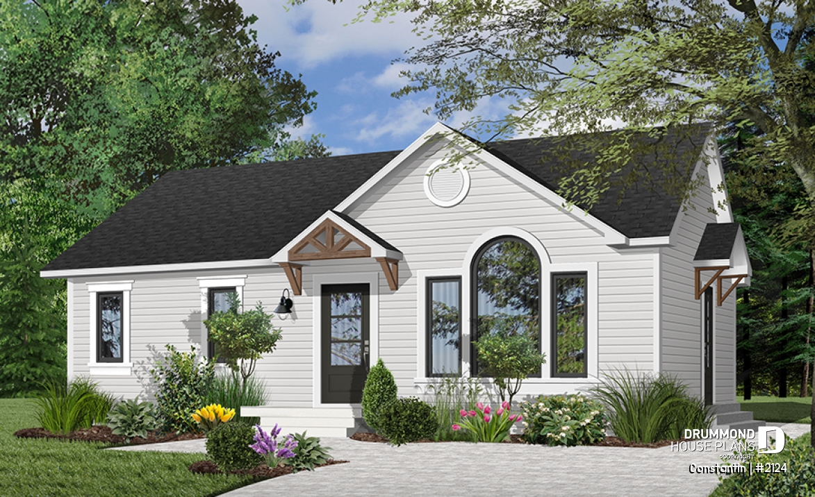 front - BASE MODEL - Affordable starter house plan with 2 bedrooms, modern ranch house plan - Constantin