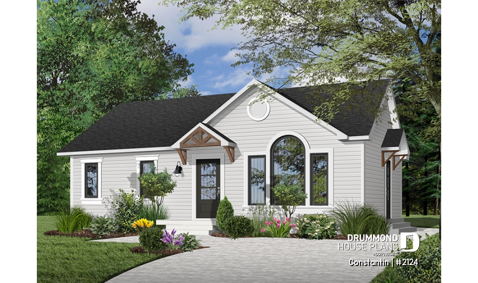 front - BASE MODEL - Affordable starter house plan with 2 bedrooms, modern ranch house plan - Constantin