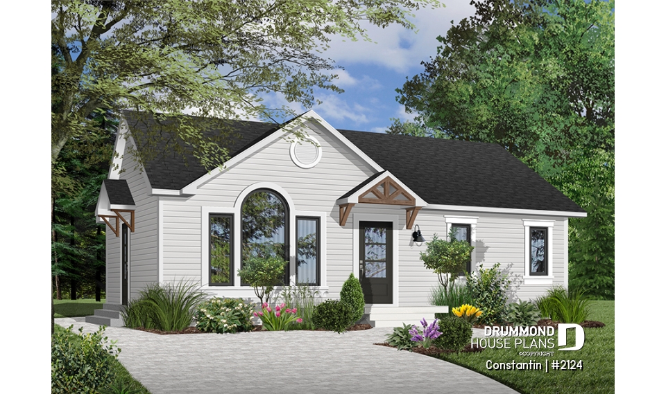 front - BASE MODEL - Affordable starter house plan with 2 bedrooms, modern ranch house plan - Constantin