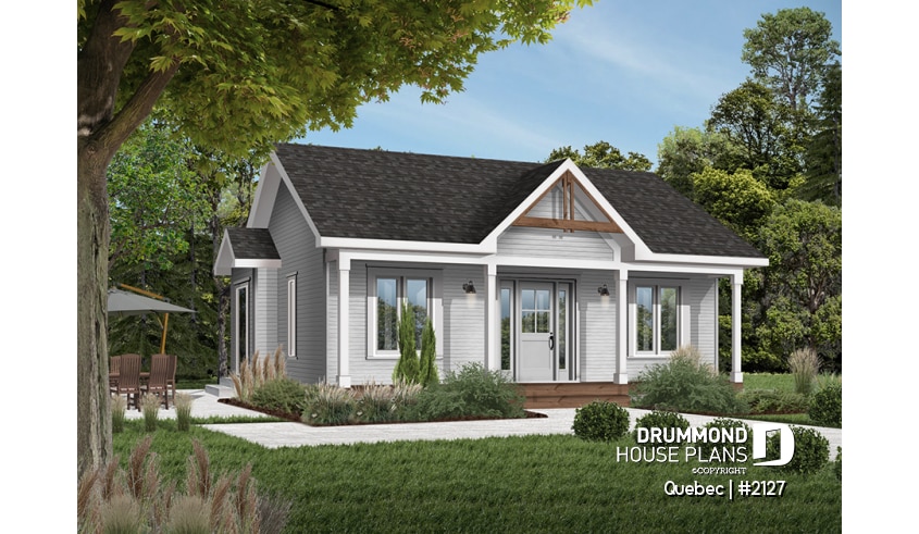 Color version 1 - Front - Charming small country house plan with 2 bedrooms, covered front porch, unfinished daylight basement - Quebec