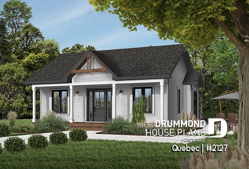 Color version 2 - Front - Charming small country house plan with 2 bedrooms, covered front porch, unfinished daylight basement - Quebec