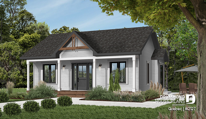 Color version 2 - Front - Charming small country house plan with 2 bedrooms, covered front porch, unfinished daylight basement - Quebec