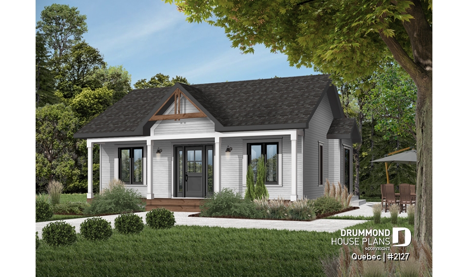Color version 2 - Front - Charming small country house plan with 2 bedrooms, covered front porch, unfinished daylight basement - Quebec