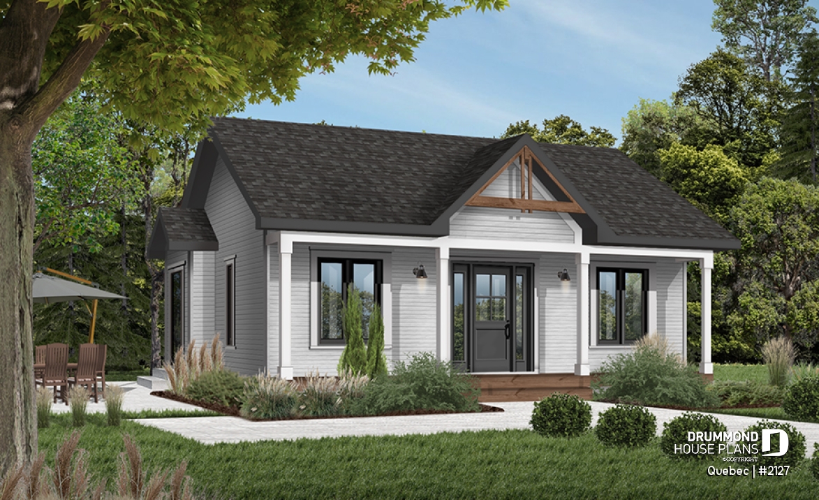 Color version 2 - Front - Charming small country house plan with 2 bedrooms, covered front porch, unfinished daylight basement - Quebec