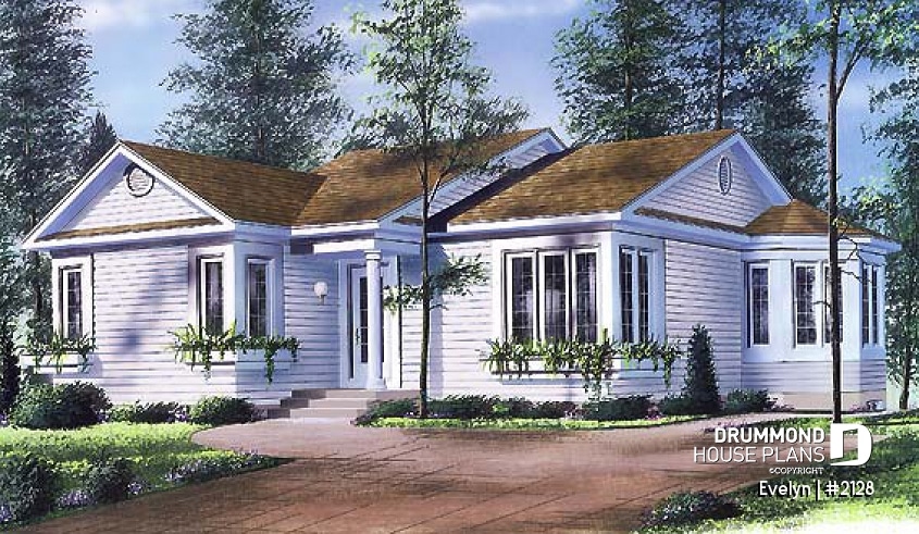 front - BASE MODEL - One-storey small country ranch style house plan with 2 bedrooms and lots of natural light - Evelyn