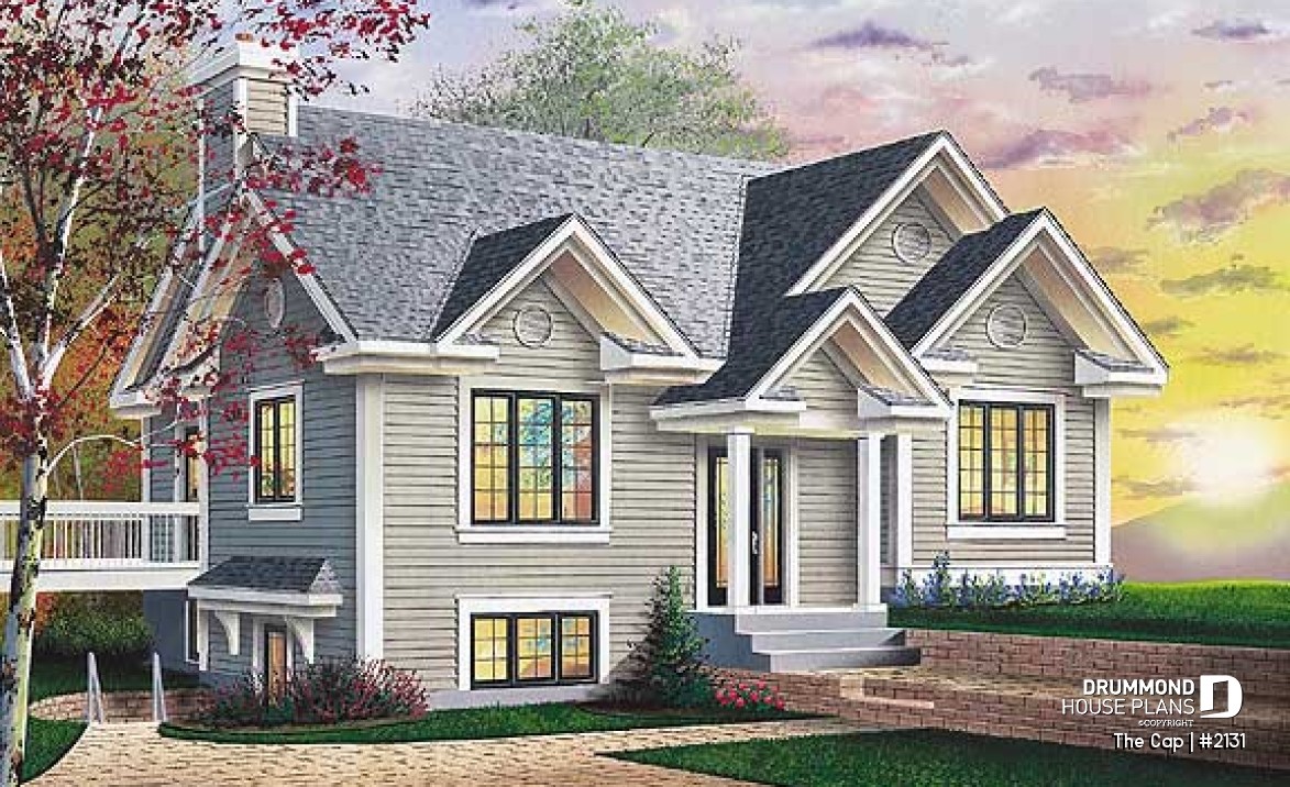 front - BASE MODEL - 1 to 3 bedroom split-level house plan, master bedroom on main floor, finished daylight basement with 3 beds - The Cap