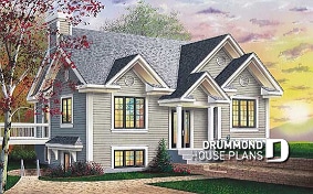 front - BASE MODEL - 1 to 3 bedroom split-level house plan, master bedroom on main floor, finished daylight basement with 3 beds - The Cap