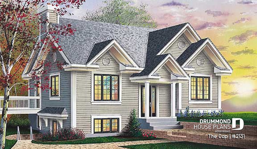 front - BASE MODEL - 1 to 3 bedroom split-level house plan, master bedroom on main floor, finished daylight basement with 3 beds - The Cap