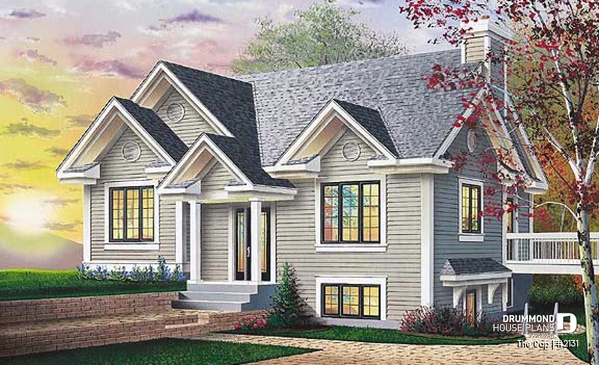 front - BASE MODEL - 1 to 3 bedroom split-level house plan, master bedroom on main floor, finished daylight basement with 3 beds - The Cap