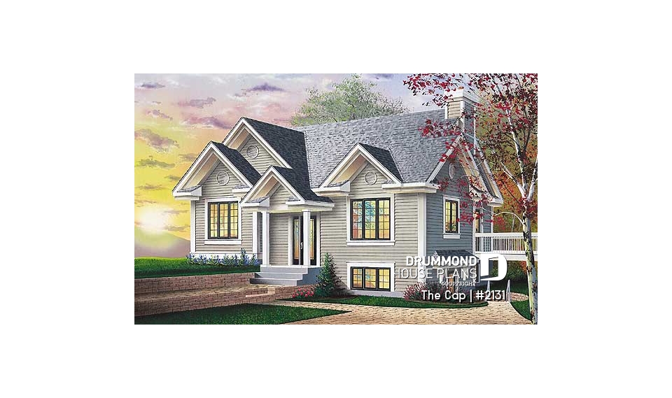 front - BASE MODEL - 1 to 3 bedroom split-level house plan, master bedroom on main floor, finished daylight basement with 3 beds - The Cap
