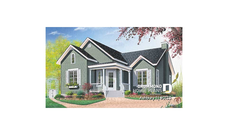 front - BASE MODEL - Charming country one-storey house plan with 2 bedroom, good size kitchen - Ashbury 1
