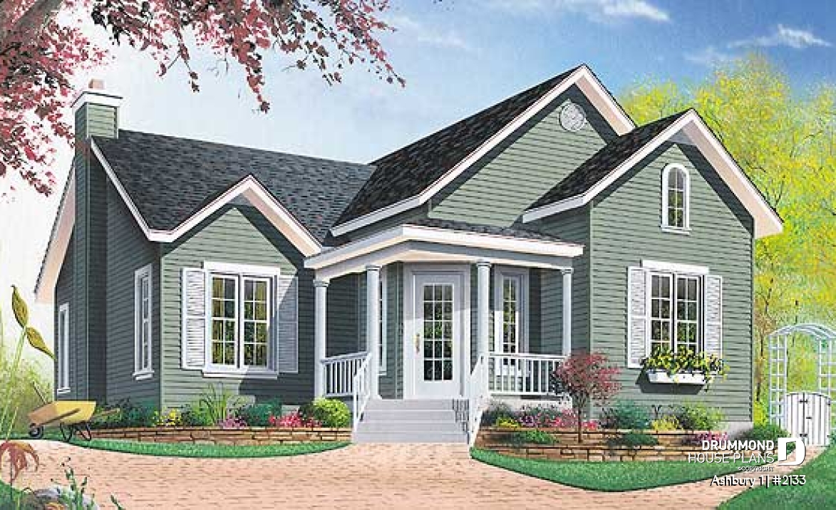 front - BASE MODEL - Charming country one-storey house plan with 2 bedroom, good size kitchen - Ashbury 1