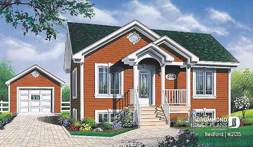 front - BASE MODEL - Affordable one-storey home plan with 2 bedrooms, daylight basement, great kitchen - Bedford