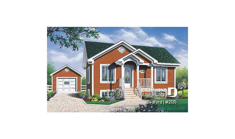 front - BASE MODEL - Affordable one-storey home plan with 2 bedrooms, daylight basement, great kitchen - Bedford