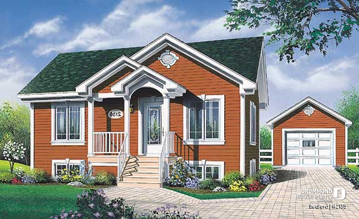 front - BASE MODEL - Affordable one-storey home plan with 2 bedrooms, daylight basement, great kitchen - Bedford