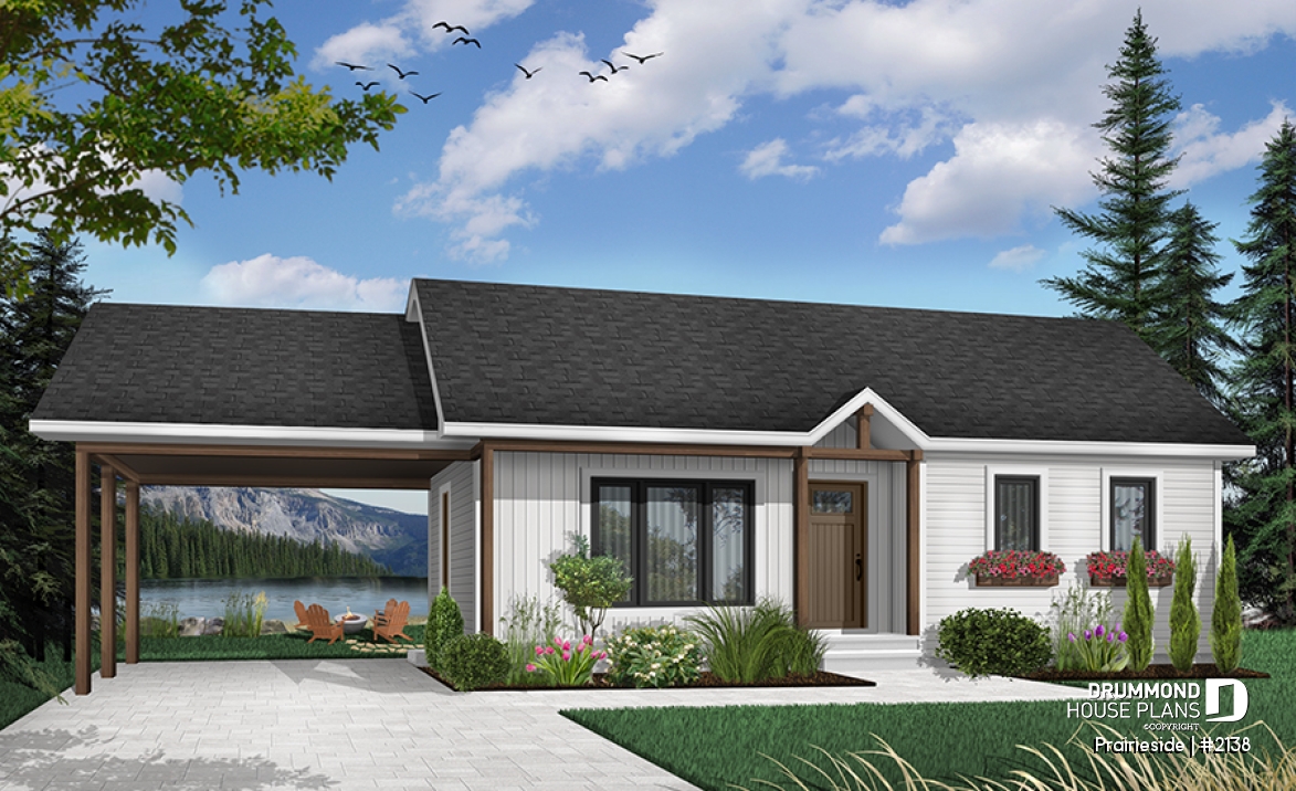 Color version 2 - Front - Cost efficient one-story house plan, 2 bedrooms, carport, open floor concept, pantry, laundry closet - Prairieside