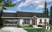 Color version 2 - Front - Cost efficient one-story house plan, 2 bedrooms, carport, open floor concept, pantry, laundry closet - Prairieside