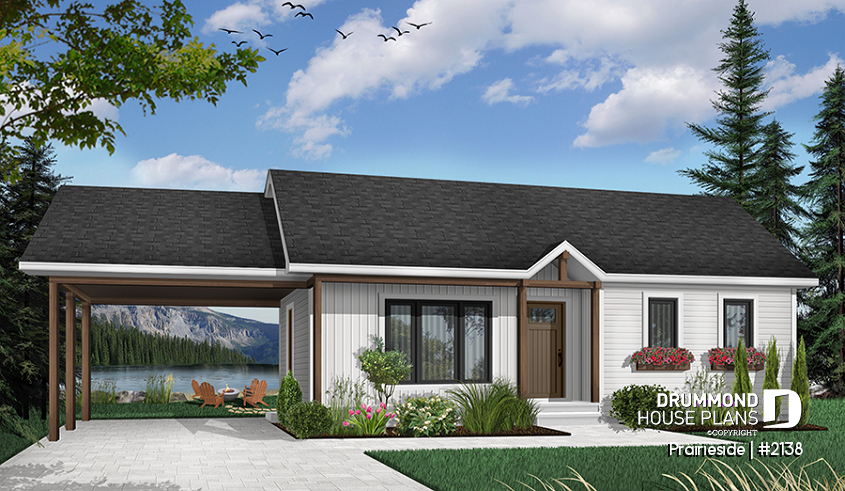 Color version 2 - Front - Cost efficient one-story house plan, 2 bedrooms, carport, open floor concept, pantry, laundry closet - Prairieside