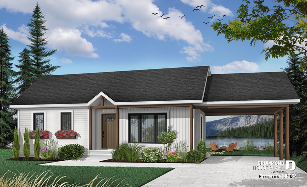 Color version 2 - Front - Cost efficient one-story house plan, 2 bedrooms, carport, open floor concept, pantry, laundry closet - Prairieside