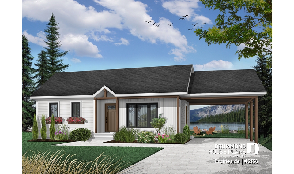 Color version 2 - Front - Cost efficient one-story house plan, 2 bedrooms, carport, open floor concept, pantry, laundry closet - Prairieside