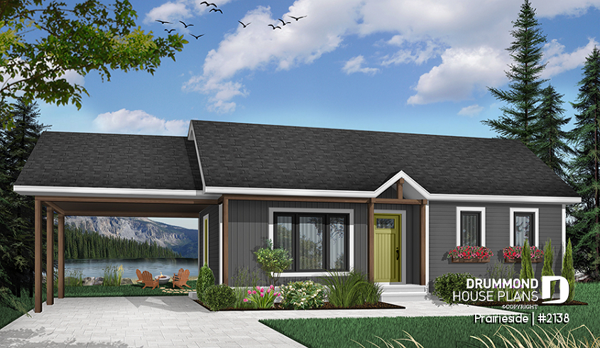 Color version 6 - Front - Cost efficient one-story house plan, 2 bedrooms, carport, open floor concept, pantry, laundry closet - Prairieside
