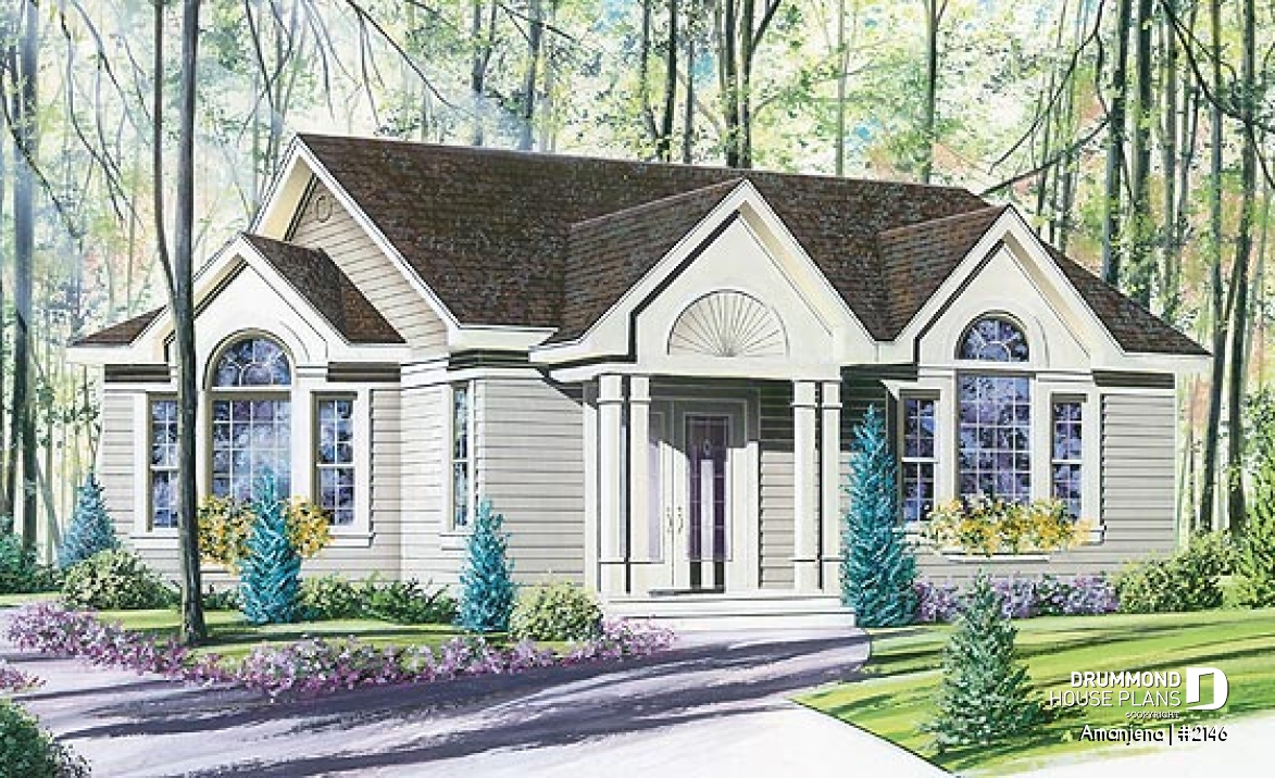 front - BASE MODEL - One-storey house plan, cathedral ceiling, 2 bedrooms - Amanjena