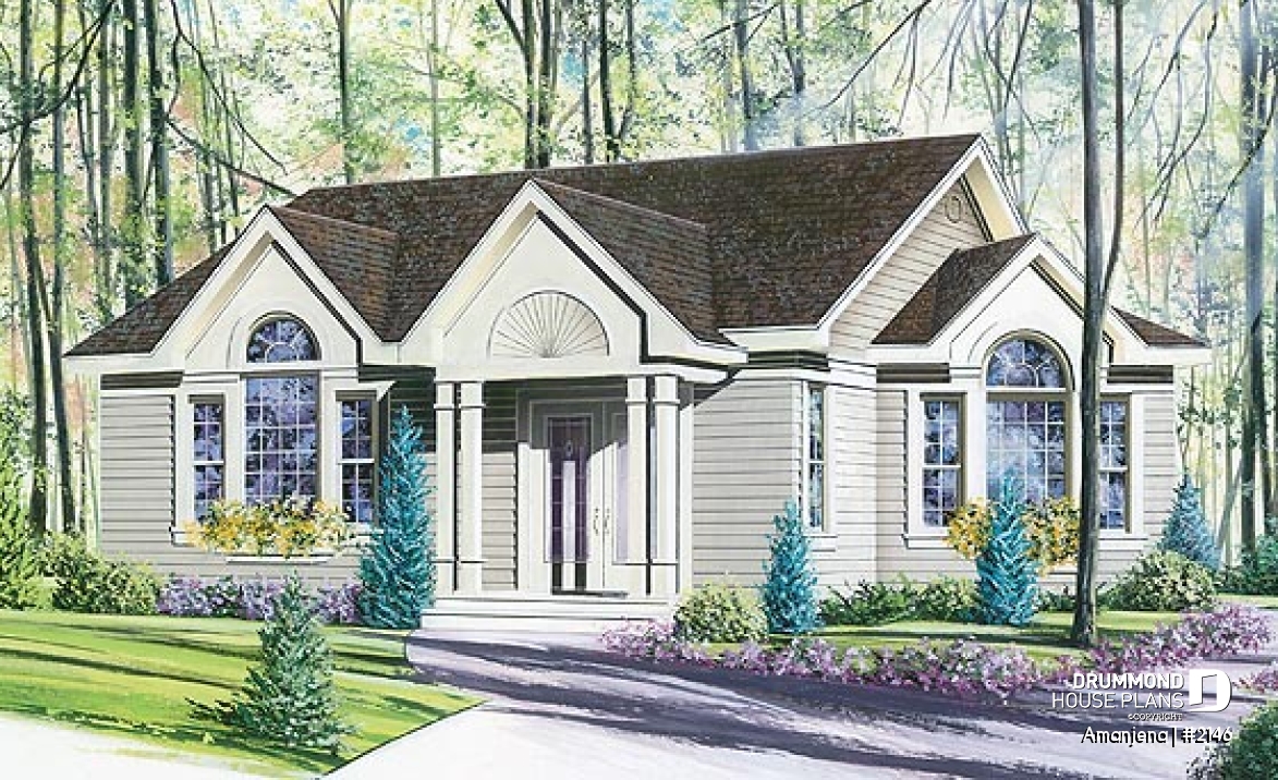 front - BASE MODEL - One-storey house plan, cathedral ceiling, 2 bedrooms - Amanjena