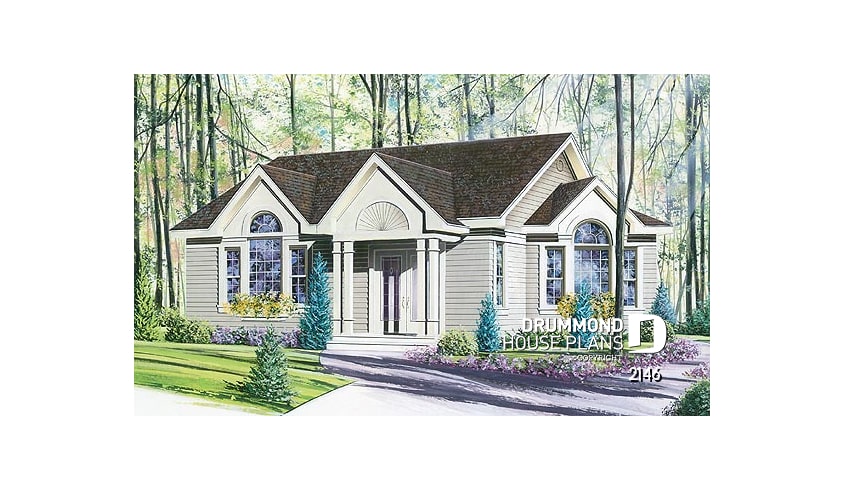 front - BASE MODEL - One-storey house plan, cathedral ceiling, 2 bedrooms - Amanjena