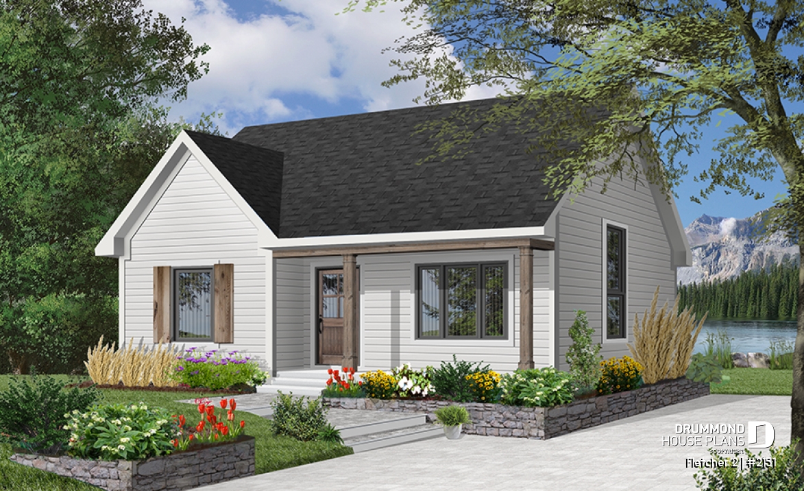 front - BASE MODEL - Economical country style bungalow house plan, 2 bedrooms, cathedral ceiling, pantry &amp; planning desk in kitchen - Fletcher 2