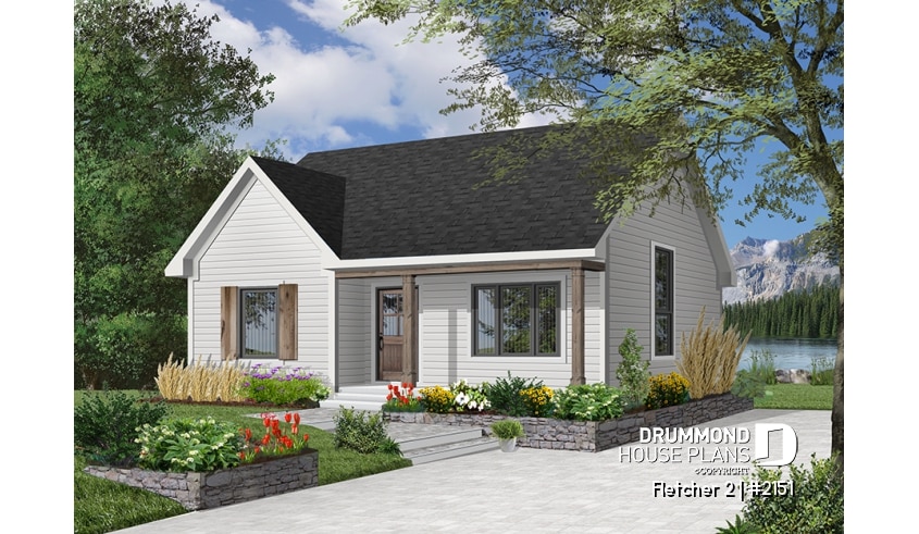 front - BASE MODEL - Economical country style bungalow house plan, 2 bedrooms, cathedral ceiling, pantry & planning desk in kitchen - Fletcher 2