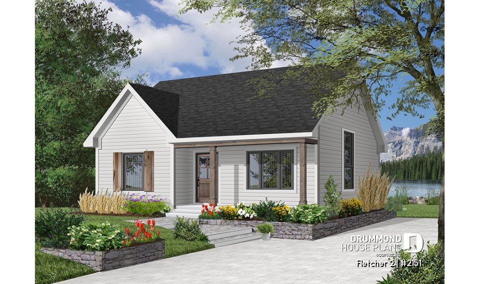 front - BASE MODEL - Economical country style bungalow house plan, 2 bedrooms, cathedral ceiling, pantry &amp; planning desk in kitchen - Fletcher 2