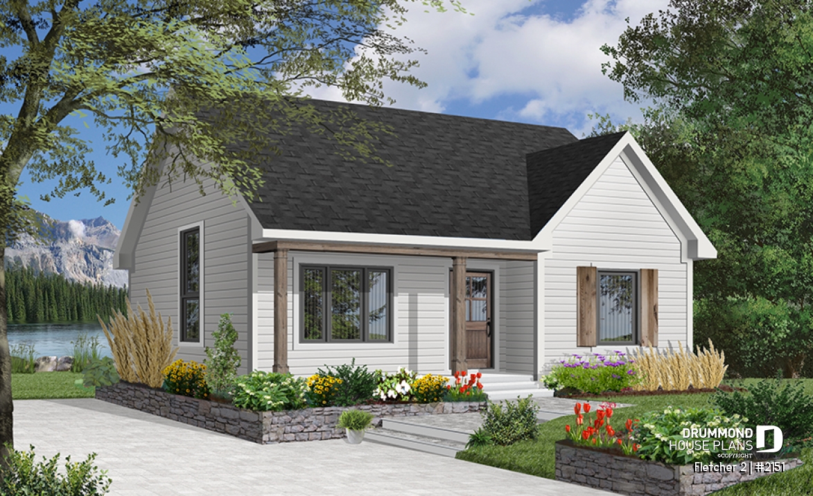 front - BASE MODEL - Economical country style bungalow house plan, 2 bedrooms, cathedral ceiling, pantry &amp; planning desk in kitchen - Fletcher 2
