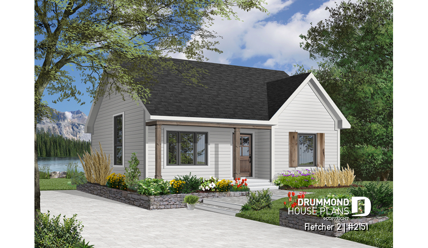 front - BASE MODEL - Economical country style bungalow house plan, 2 bedrooms, cathedral ceiling, pantry & planning desk in kitchen - Fletcher 2