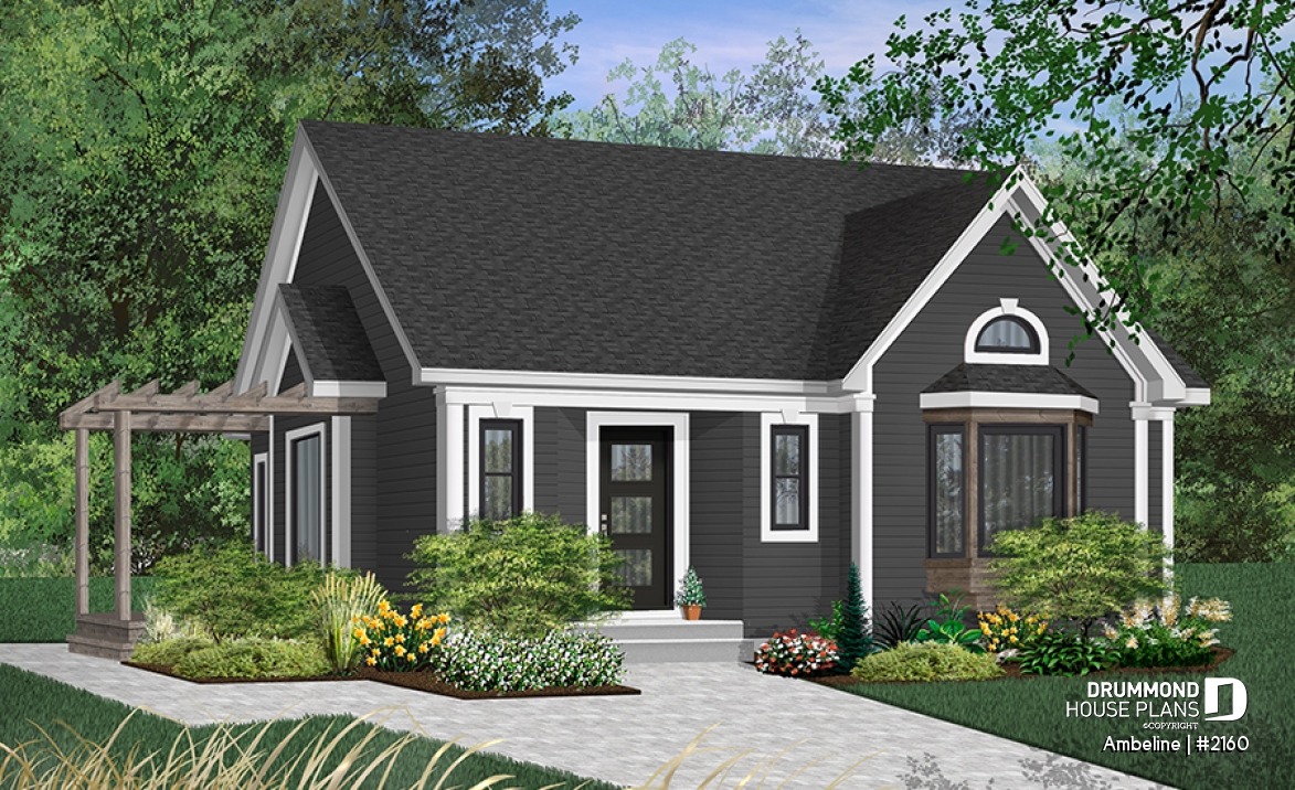 Color version 6 - Front - 2 Bedroom One-Storey economical house plan, eat-in kitchen, side balcony with pergola, cathedral ceiling - Ambeline