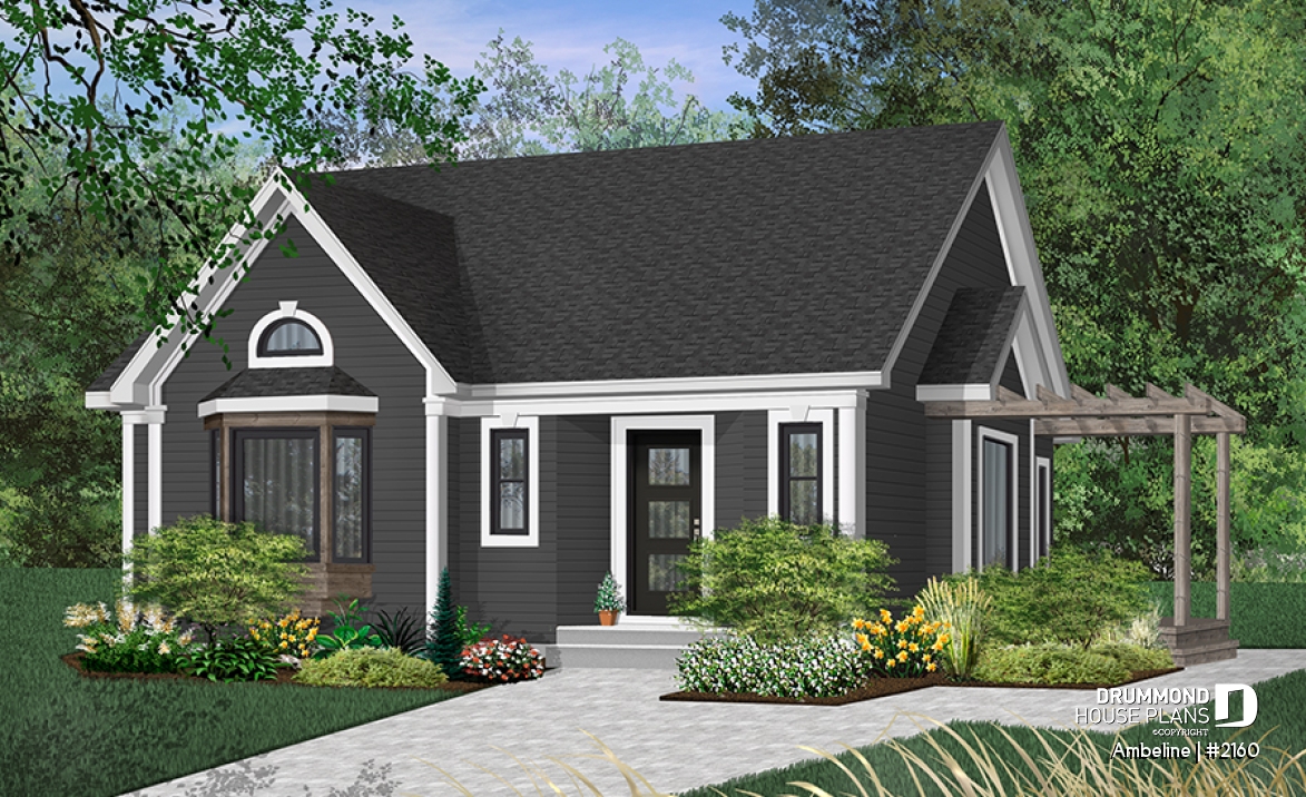 Color version 6 - Front - 2 Bedroom One-Storey economical house plan, eat-in kitchen, side balcony with pergola, cathedral ceiling - Ambeline