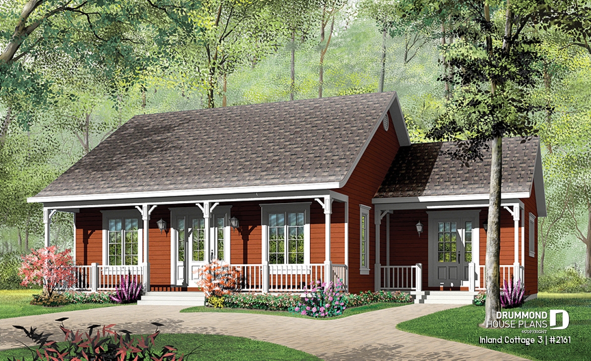 front - BASE MODEL - Small 3 bedroom house plan, affordable ranch home design, eat-in kitchen, large family bathroom - Inland Cottage 3