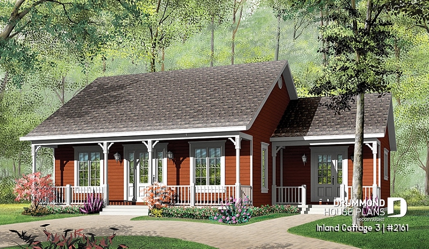front - BASE MODEL - Small 3 bedroom house plan, affordable ranch home design, eat-in kitchen, large family bathroom - Inland Cottage 3