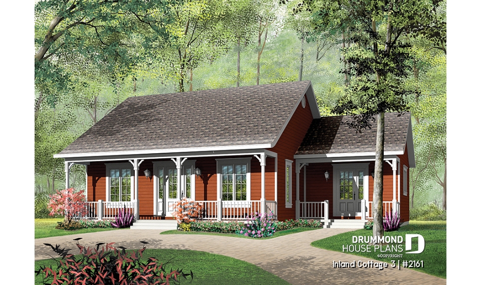 front - BASE MODEL - Small 3 bedroom house plan, affordable ranch home design, eat-in kitchen, large family bathroom - Inland Cottage 3