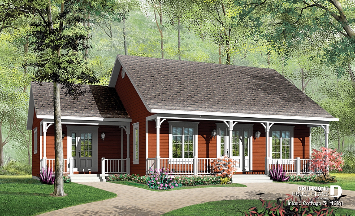 front - BASE MODEL - Small 3 bedroom house plan, affordable ranch home design, eat-in kitchen, large family bathroom - Inland Cottage 3